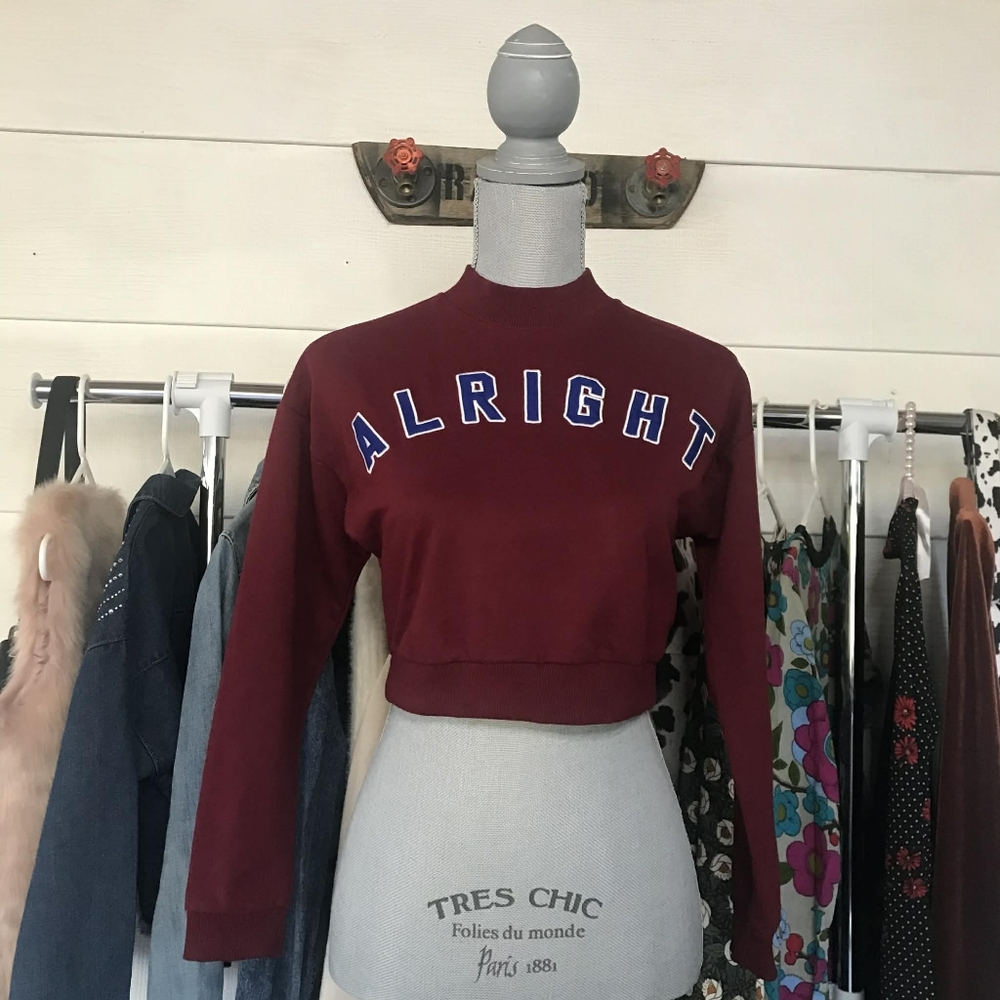 Forever 21 Dark Burgundy 'Alright' Long Sleeve Crop Top